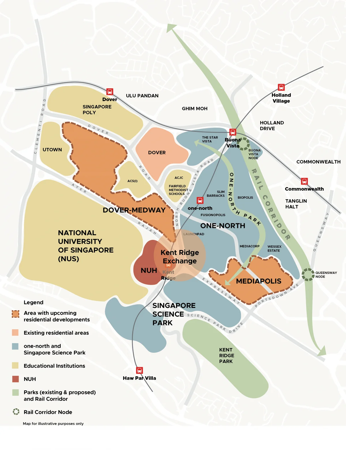 Illustrative map of the Dover-Medway precinct beside one-north, NUS, Singapore Science Park and the Rail Corridor, showing the neighbourhood earmarked for upcoming residential development next to Dover Drive