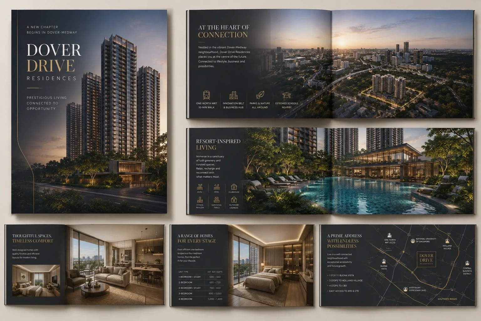 Dover Drive Residences e-brochure — cover and inside spreads showing the development, unit types and location map