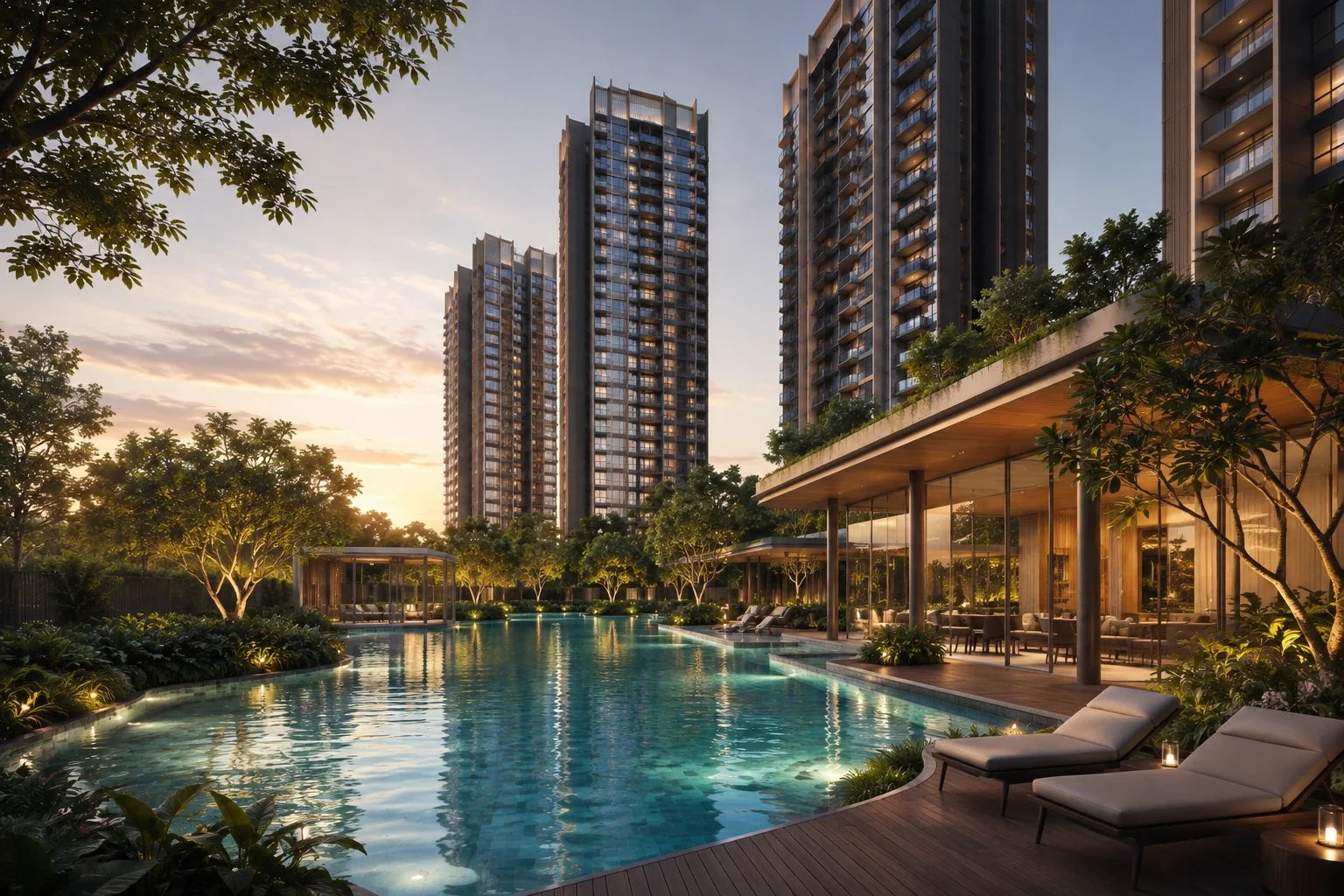 Dover Drive Residences — artist's impression of the landscaped pool deck and clubhouse in the Dover-Medway neighbourhood