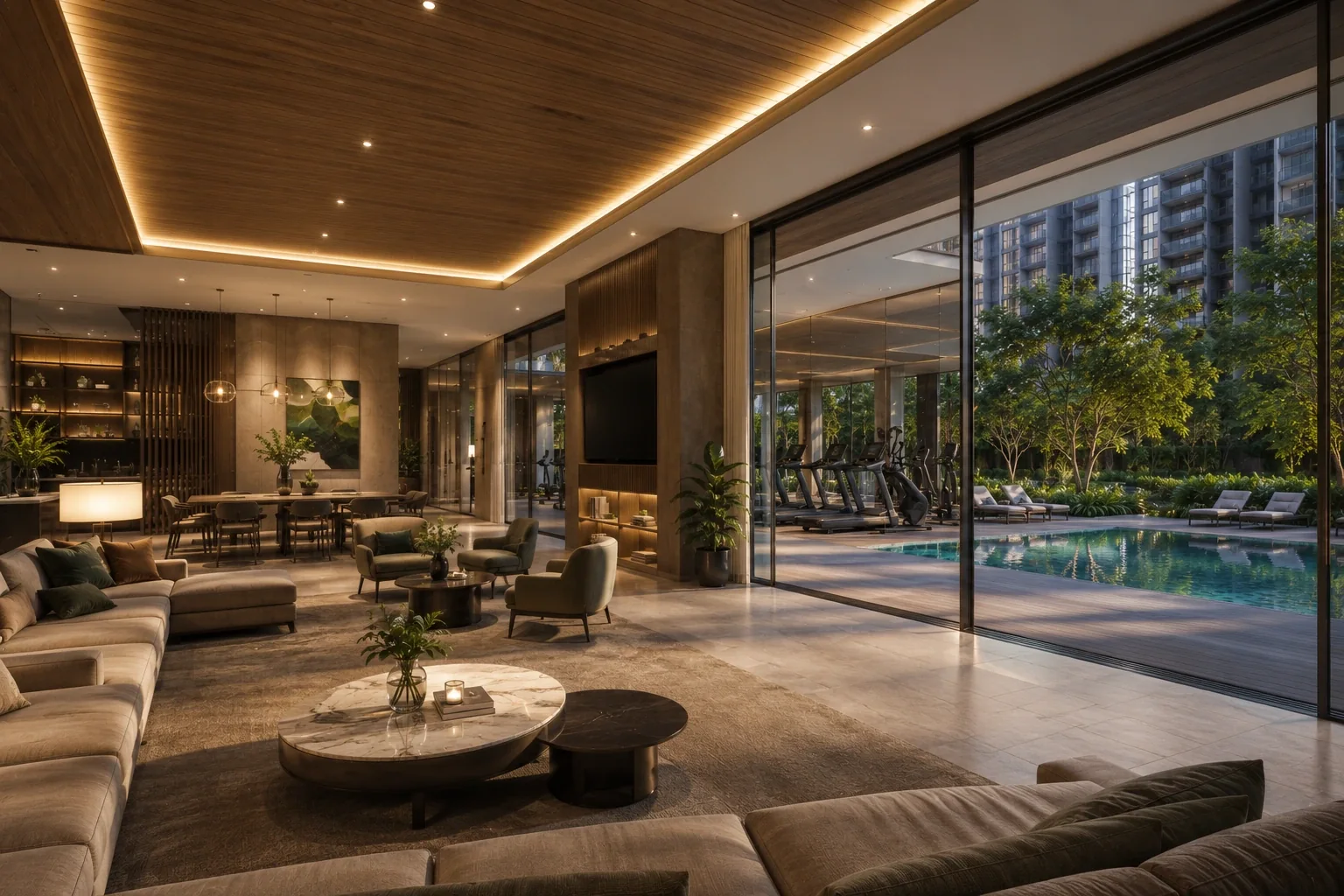 Dover Drive Residences — artist's impression of the residents' clubhouse and gym overlooking the pool, District 05 Singapore
