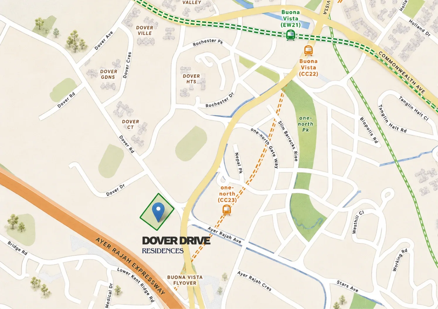 Location map of Dover Drive Residences in District 05 Singapore — the site sits off Dover Drive north of the Ayer Rajah Expressway, with one-north MRT (CC23) and one-north Park to the east, Buona Vista MRT (EW21/CC22) and Commonwealth Avenue to the north-east, Biopolis Road and Slim Barracks Rise in one-north, and Dover Road, Dover Court and Dover Gardens to the north-west